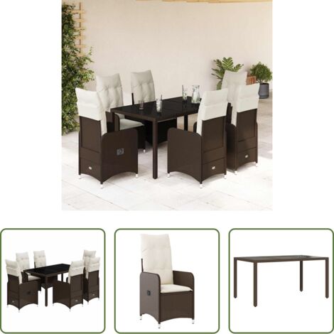 Mesa de jardín -  Set de mesa y sillas jardín 7 pzas con cojines ratán PE marrón