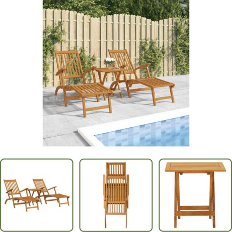 Mesa de jardín -  Silla de jardín con reposapiés y mesita madera maciza de acacia