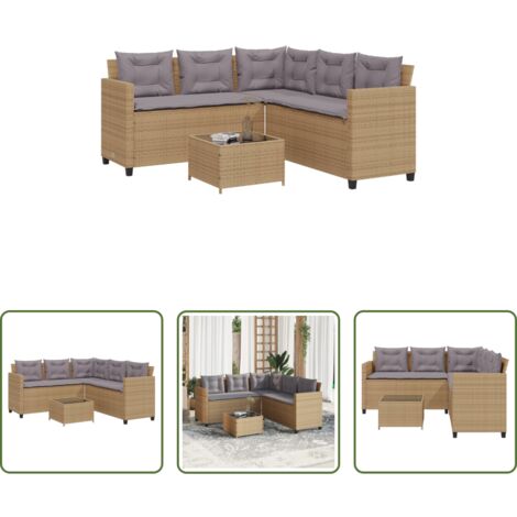 Mesa de jardín -  Sofá de jardín en forma de L con mesa y cojines ratán PE beige