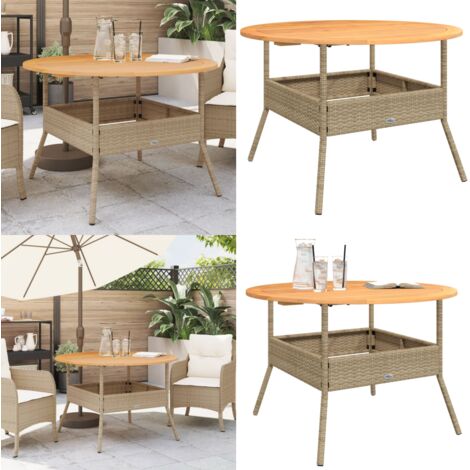 Mesa de jardín superficie de madera ratán PE beige Ø110x71 cm - Ratán sintético - Madera maciza