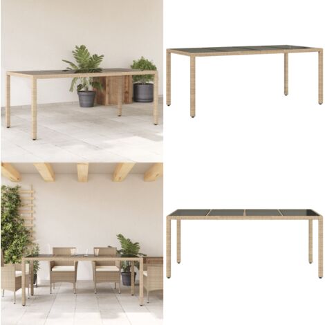 Mesa de jardín superficie de vidrio ratán PE beige 190x90x75 cm - Ratán sintético - Vidrio templado