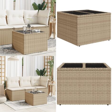 Mesa de jardín superficie de vidrio ratán PE beige 55x55x37 cm - Ratán sintético - Vidrio templado