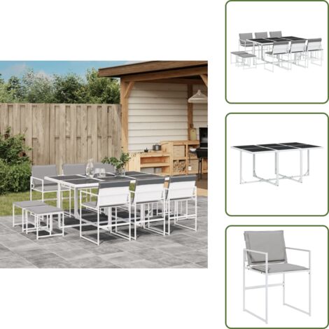 Mesa de jardín - vidaXL Juego de comedor de jardín 11 pzas con cojines textilene blanco - Cojines para sillas