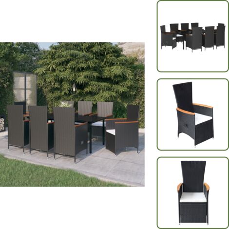 Mesa de jardín - vidaXL Juego de comedor de jardín 9 piezas con cojines negro - Cojines para sillas