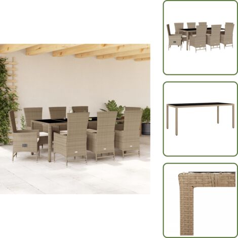 Mesa de jardín - vidaXL Set comedor de jardín 9 pzas con cojines ratán sintético beige - Cojines para sillas
