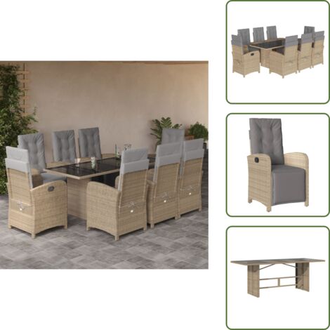 Mesa de jardín - vidaXL Set comedor de jardín 9 pzas con cojines ratán sintético beige - Muebles de exterior