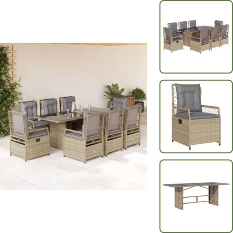Mesa de jardín - vidaXL Set comedor de jardín 9 pzas con cojines ratán sintético beige - Ratán sintético