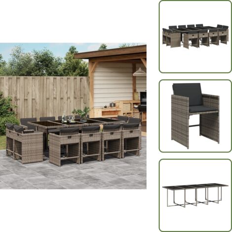 Mesa de jardín - vidaXL Set comedor de jardín con cojines 13 pzas ratán sintético gris - Ratán sintético