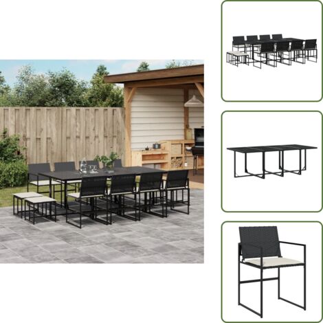 Mesa de jardín - vidaXL Set comedor de jardín con cojines 13 pzas ratán sintético negro - Cojines para sillas