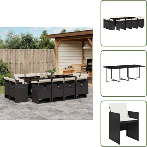 Mesa de jardín - vidaXL Set comedor de jardín con cojines 13 pzas ratán sintético negro - Ratán sintético