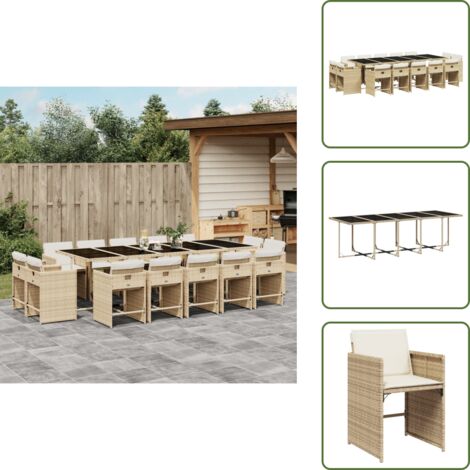 Mesa de jardín - vidaXL Set comedor de jardín con cojines 15 pzas ratán sintético beige - Ratán sintético
