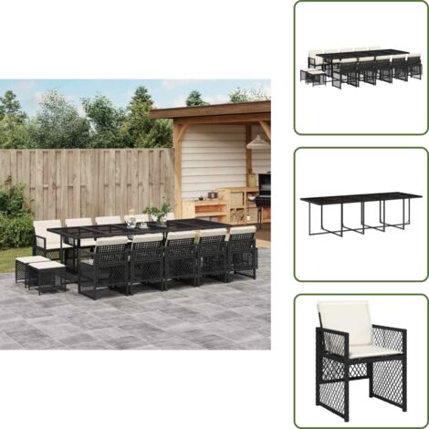 Mesa de jardín - vidaXL Set comedor de jardín con cojines 15 pzas ratán sintético negro - Muebles de exterior