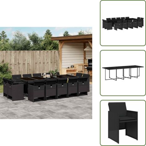 Mesa de jardín - vidaXL Set comedor de jardín con cojines 15 pzas ratán sintético negro - Ratán sintético