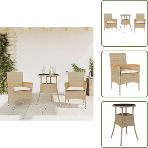 Mesa de jardín - vidaXL Set comedor jardín 3 pzas cojines ratán sintético vidrio beige - Sillas de jardín