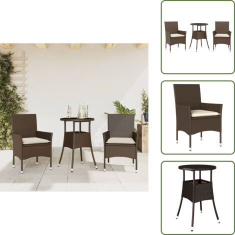 Mesa de jardín - vidaXL Set comedor jardín 3 pzas cojines ratán sintético vidrio marrón - Sillas de jardín