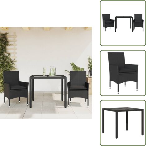 Mesa de jardín - vidaXL Set comedor jardín 3 pzas cojines ratán sintético vidrio negro - Sillas de jardín