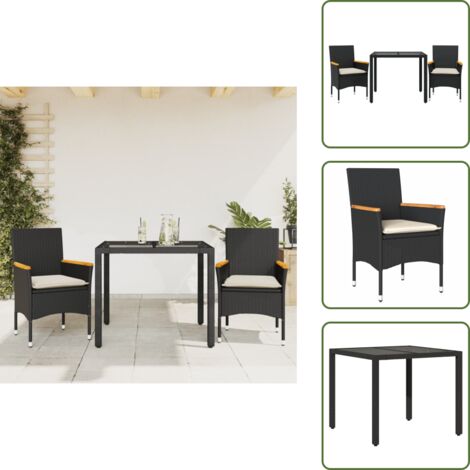 Mesa de jardín - vidaXL Set comedor jardín 3 pzas cojines ratán sintético vidrio negro - Sillas de jardín