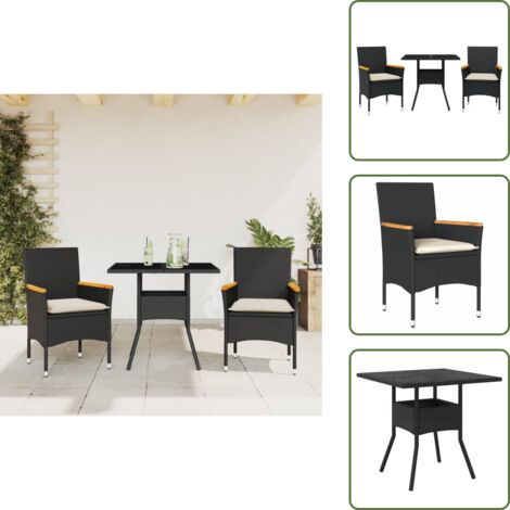 Mesa de jardín - vidaXL Set comedor jardín 3 pzas cojines ratán sintético vidrio negro - Sillas de jardín