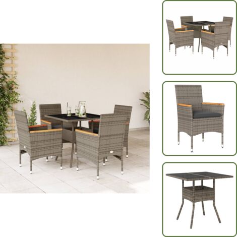 Mesa de jardín - vidaXL Set comedor jardín 5 pzas y cojines ratán sintético vidrio gris - Cojines para sillas