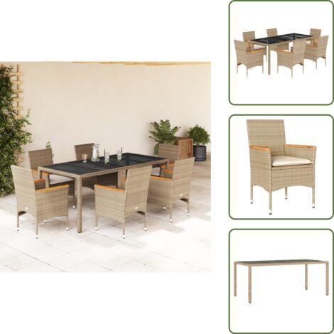 Mesa de jardín - vidaXL Set comedor jardín 7 pzas cojines ratán sintético vidrio beige - Sillas de jardín