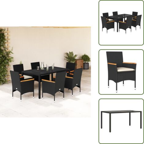 Mesa de jardín - vidaXL Set comedor jardín 7 pzas cojines ratán sintético vidrio negro - Sillas de jardín