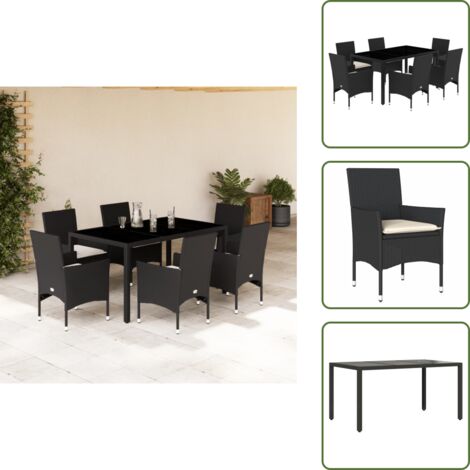 Mesa de jardín - vidaXL Set comedor jardín 7 pzas cojines ratán sintético vidrio negro - Sillas de jardín