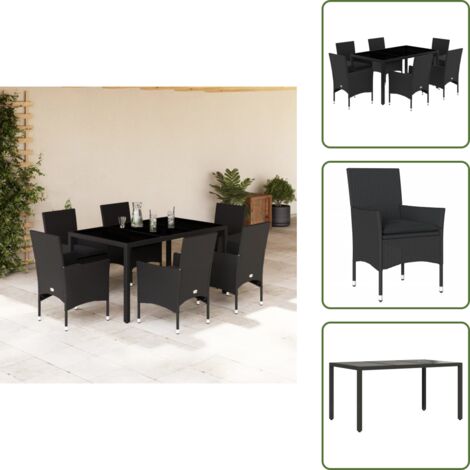 Mesa de jardín - vidaXL Set comedor jardín 7 pzas cojines ratán sintético vidrio negro - Sillas de jardín