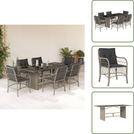 Mesa de jardín - vidaXL Set comedor jardín 7 pzas y cojines ratán sintético gris claro - Ratán sintético