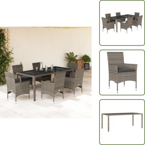 Mesa de jardín - vidaXL Set comedor jardín 7 pzas y cojines ratán sintético vidrio gris - Cojines para sillas