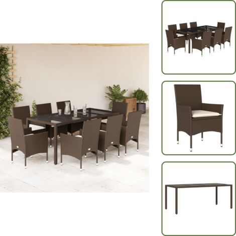 Mesa de jardín - vidaXL Set comedor jardín 9 pzas cojines ratán sintético vidrio marrón - Sillas de jardín