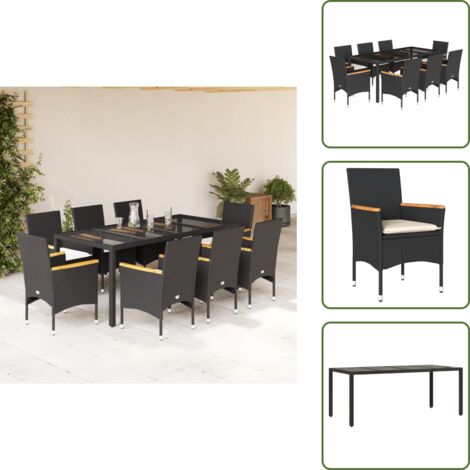 Mesa de jardín - vidaXL Set comedor jardín 9 pzas cojines ratán sintético vidrio negro - Sillas de jardín