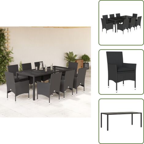 Mesa de jardín - vidaXL Set comedor jardín 9 pzas cojines ratán sintético vidrio negro - Sillas de jardín