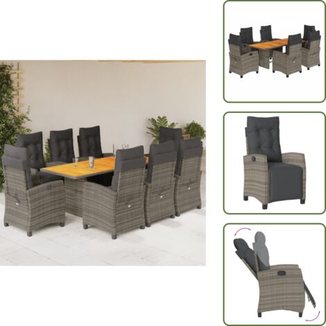 Mesa de jardín - vidaXL Set comedor jardín 9 pzas y cojines ratán sintético gris - Cojines para sillas