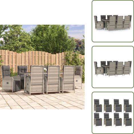 Mesa de jardín - vidaXL Set comedor jardín 9 pzas y cojines ratán sintético gris - Ratán sintético