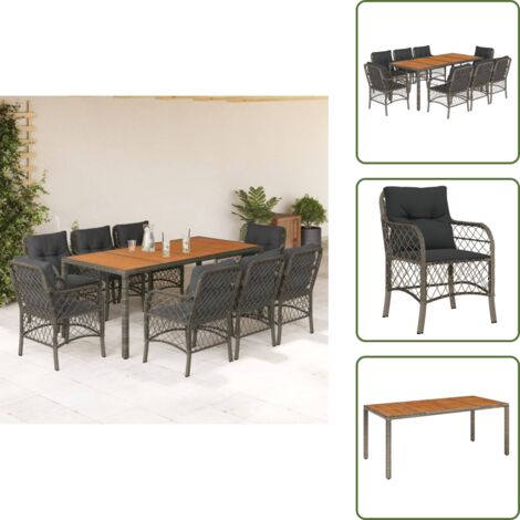 Mesa de jardín - vidaXL Set comedor jardín 9 pzas y cojines ratán sintético gris - Ratán sintético