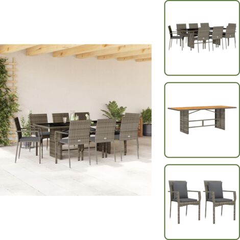 Mesa de jardín - vidaXL Set comedor jardín 9 pzas y cojines ratán sintético gris - Ratán sintético