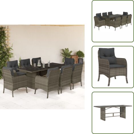 Mesa de jardín - vidaXL Set comedor jardín 9 pzas y cojines ratán sintético gris - Ratán sintético