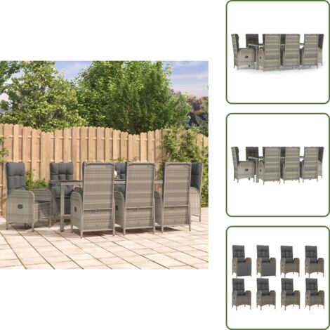 Mesa de jardín - vidaXL Set comedor jardín 9 pzas y cojines ratán sintético gris - Ratán sintético