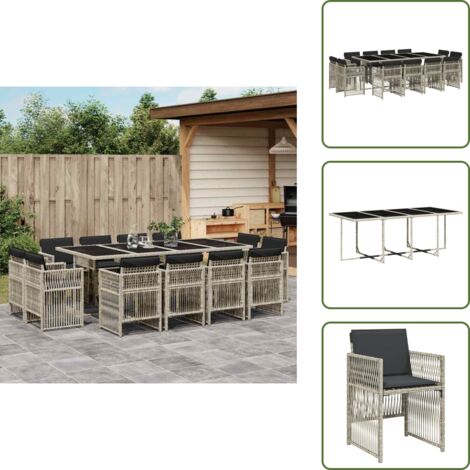 Mesa de jardín - vidaXL Set comedor jardín y cojines 13 pzas ratán sintético gris claro - Ratán sintético