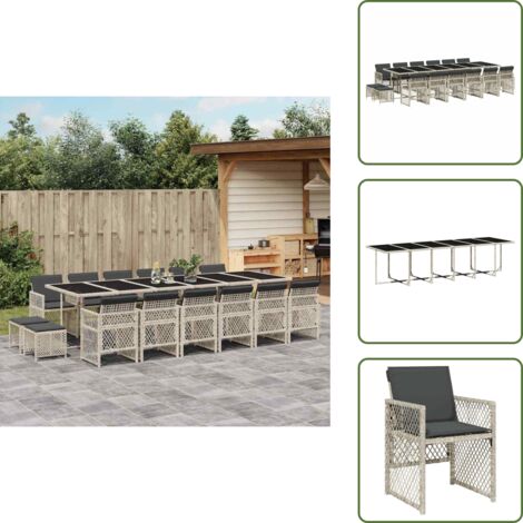 Mesa de jardín - vidaXL Set comedor jardín y cojines 17 pzas ratán sintético gris claro - Muebles de exterior