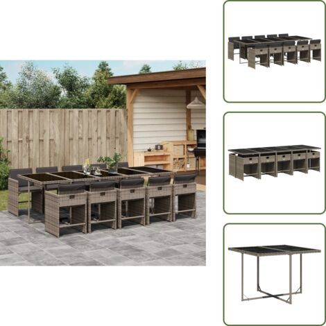 Mesa de jardín - vidaXL Set de comedor de jardín 11 pzas y cojines ratán sintético gris - Ratán sintético