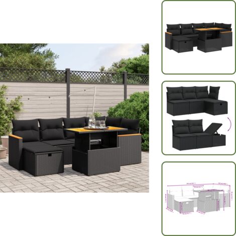 Mesa de jardín - vidaXL Set de comedor de jardín 7 pzas y cojines ratán sintético negro - Asientos de jardín