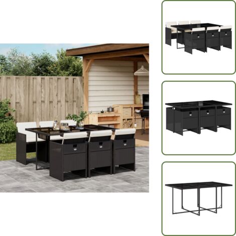 Mesa de jardín - vidaXL Set de comedor de jardín 7 pzas y cojines ratán sintético negro - Ratán sintético