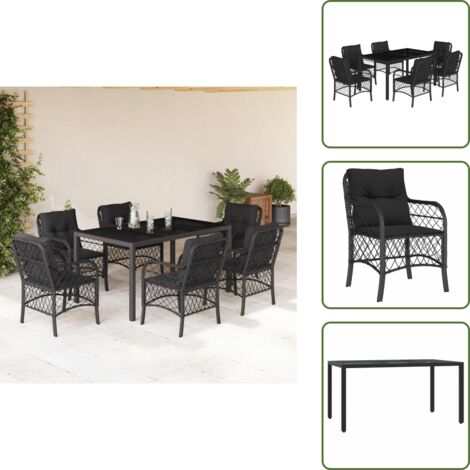 Mesa de jardín - vidaXL Set de comedor de jardín 7 pzas y cojines ratán sintético negro - Ratán sintético