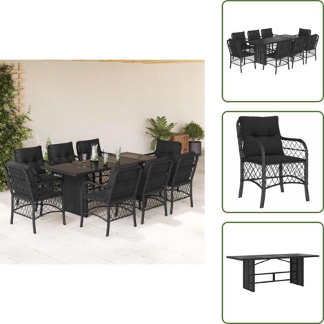 Mesa de jardín - vidaXL Set de comedor de jardín 9 pzas y cojines ratán sintético negro - Cojines de asiento