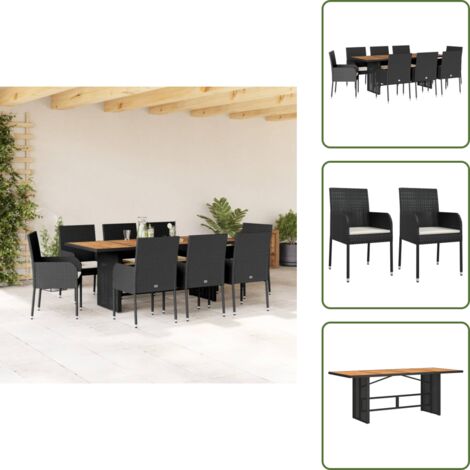 Mesa de jardín - vidaXL Set de comedor de jardín 9 pzas y cojines ratán sintético negro - Cojines sintéticos