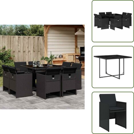 Mesa de jardín - vidaXL Set de comedor de jardín 9 pzas y cojines ratán sintético negro - Ratán sintético