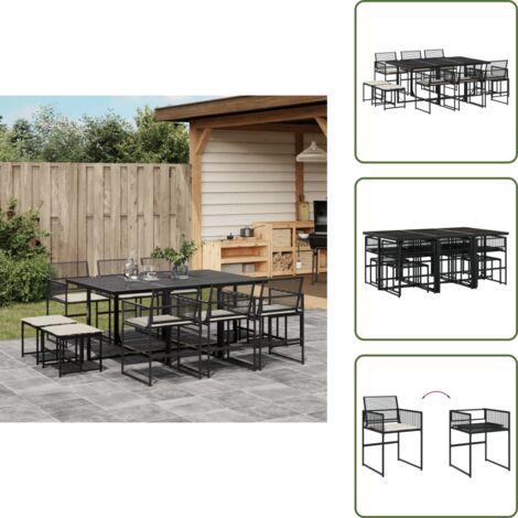Mesa de jardín - vidaXL Set de comedor jardín 11 pzas con cojines ratán sintético negro - Cojines para sillas