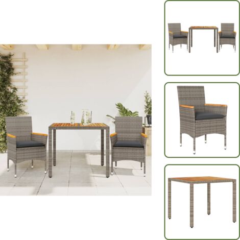Mesa de jardín - vidaXL Set de comedor jardín 3 pzas con cojines ratán PE acacia gris - Cojines para sillas