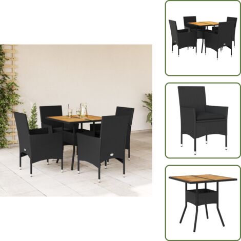 Mesa de jardín - vidaXL Set de comedor jardín 5 pzas con cojines ratán PE acacia negro - Cojines para sillas
